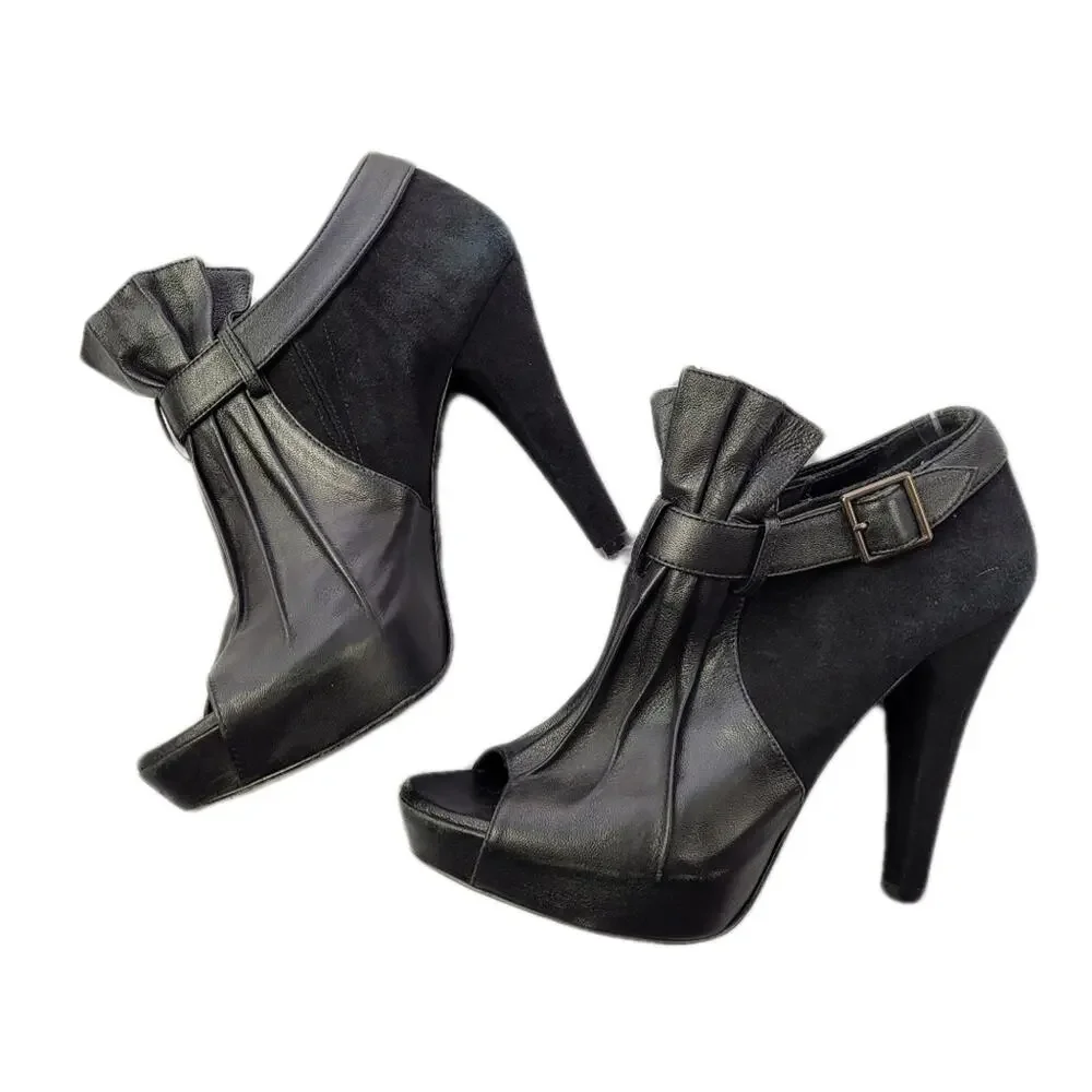 Jenni Kayne Black Suede & Leather Pleated Ankle Peep Toe Boots size 38